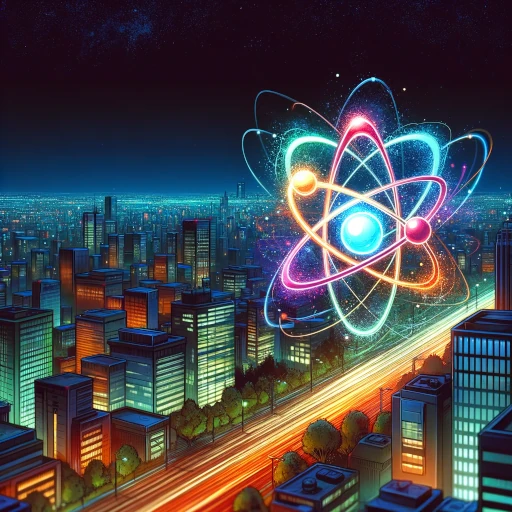 Un atome coloré au dessus d'une ville remplie d'immeubles et d'habitations