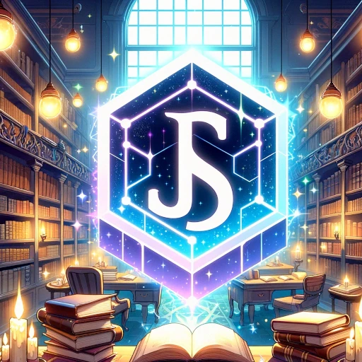 Les lettres JS au milieu d'un hexagone, dans une bibliothèque