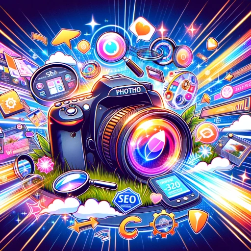 Un appareil photo entouré de loupes et de badges indiquant les lettres SEO